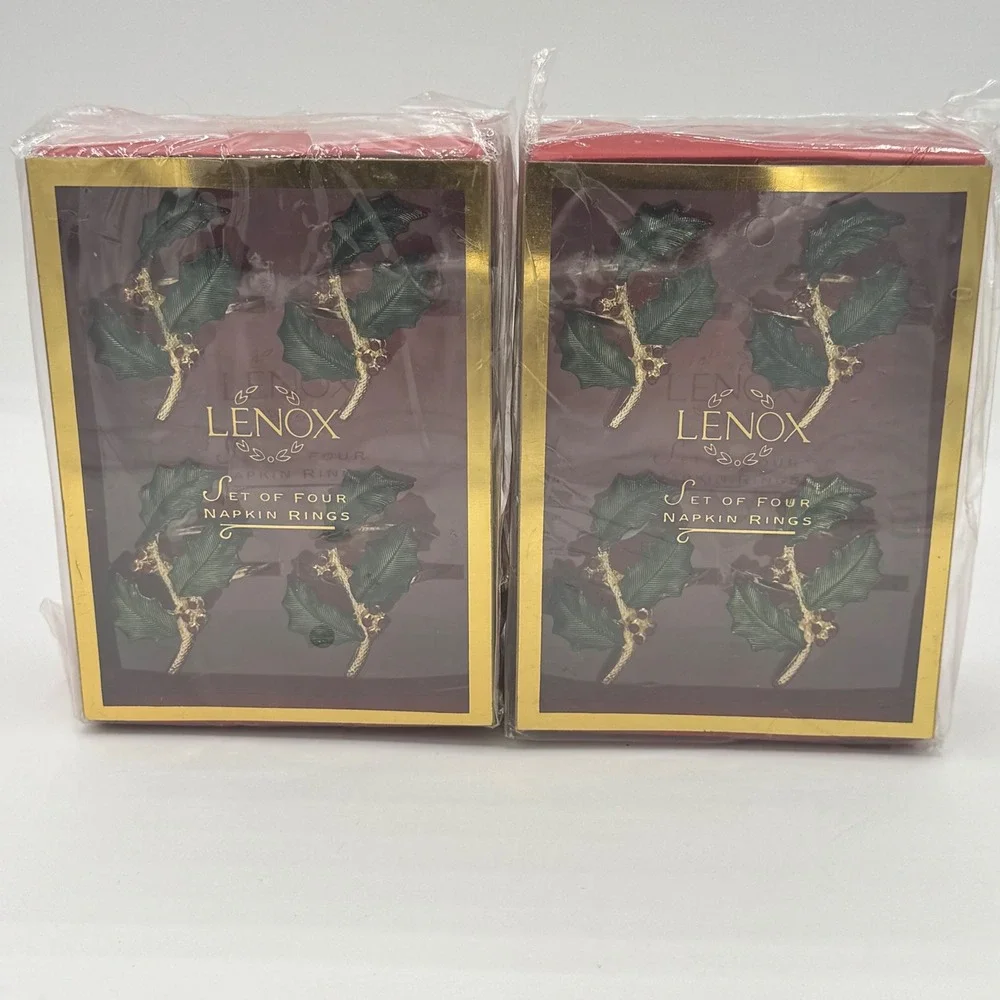 Lenox Holiday Holly Napkin Rings Set of 8 Gold Tone Green Red Berry 7156